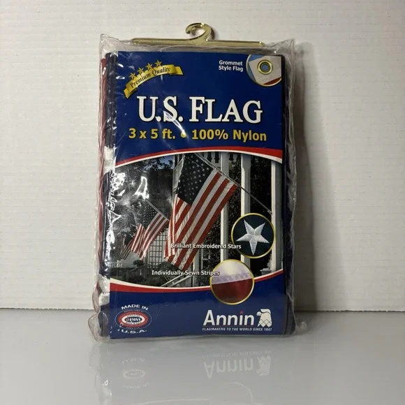 Annin Nylon USA Flag Embroidered Stars And Sewn Stripes Grommets 3ft x 5ft NEW - Picture 1 of 2